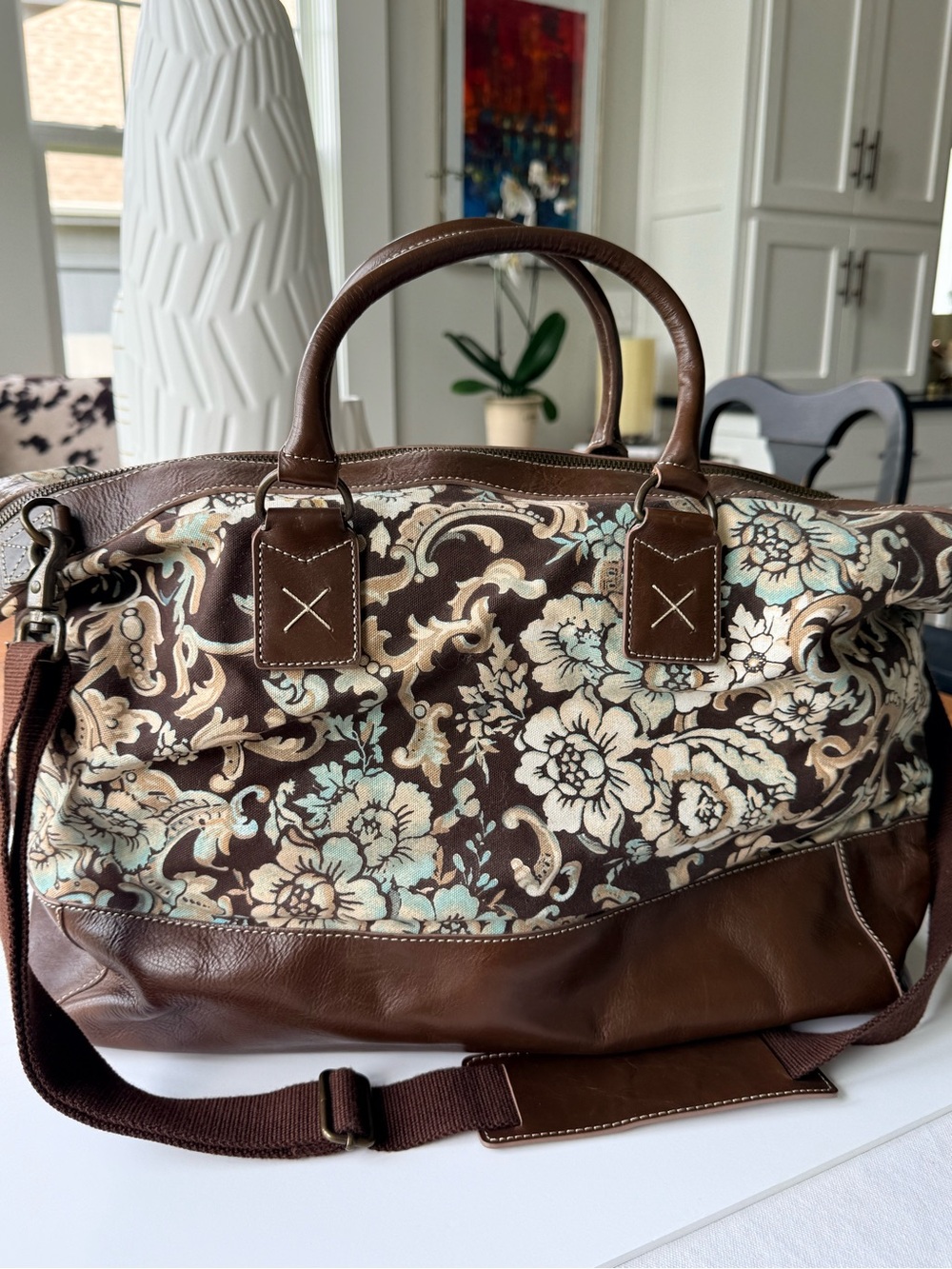J. Jill Brown Floral Canvas & Leather Travel Bag with Aqua Accents